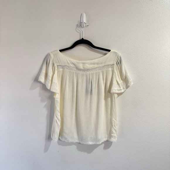 NWT Jolt T-shirt Blouse L Peasant Milkmaid Cream Lace Gauze Square Neck Crop - Picture 4 of 9
